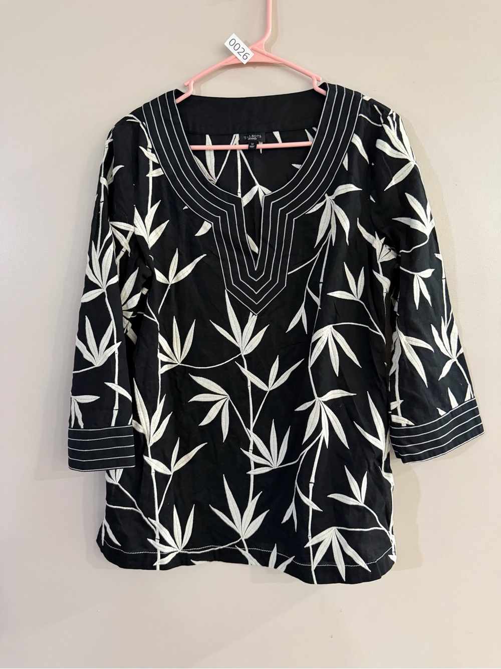 Talbots Black Tunic with White Botanical Embroidery